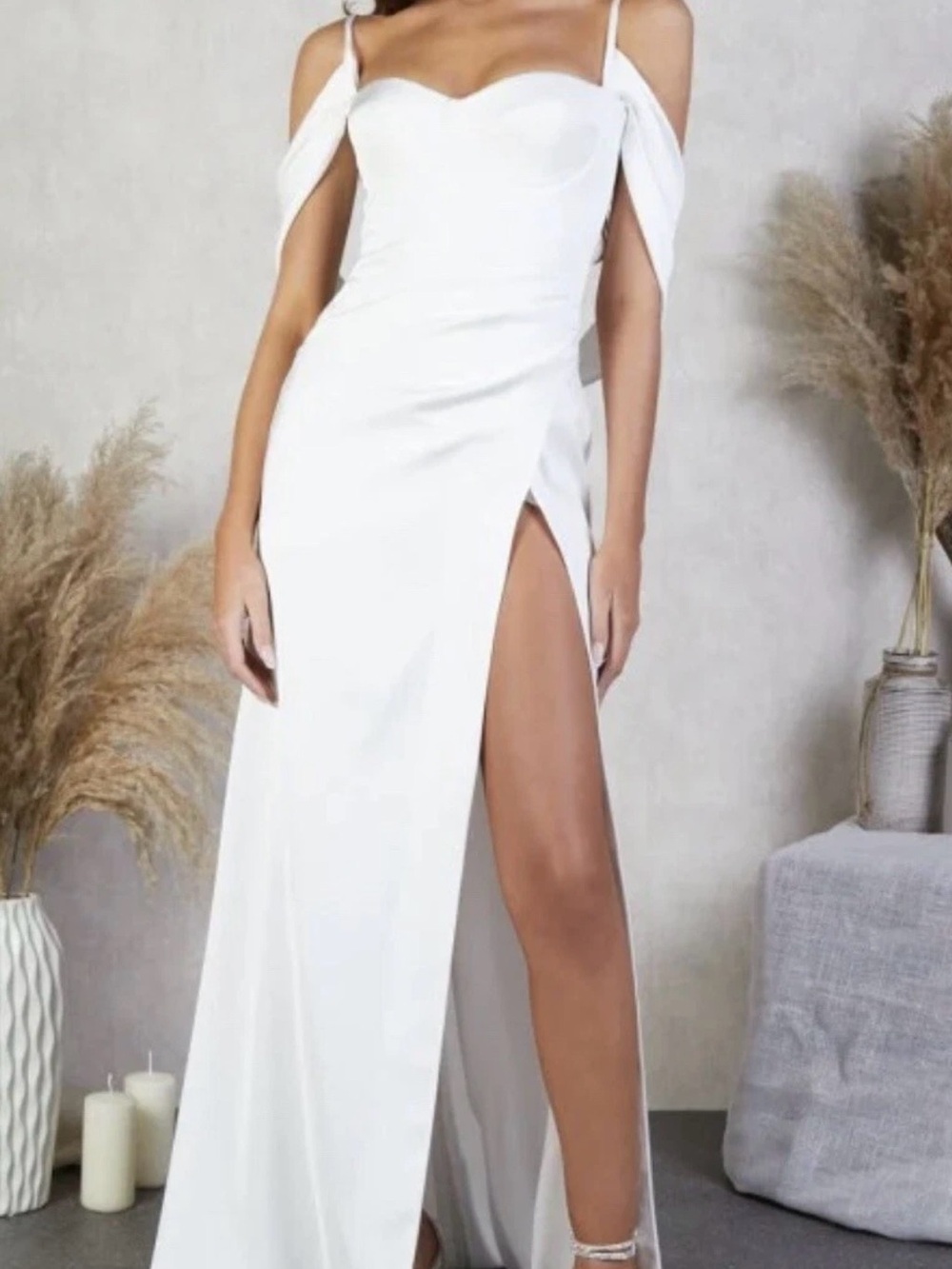 NADINE MERABI Jessica White Off-Shoulder High-Slit Wedding Dress